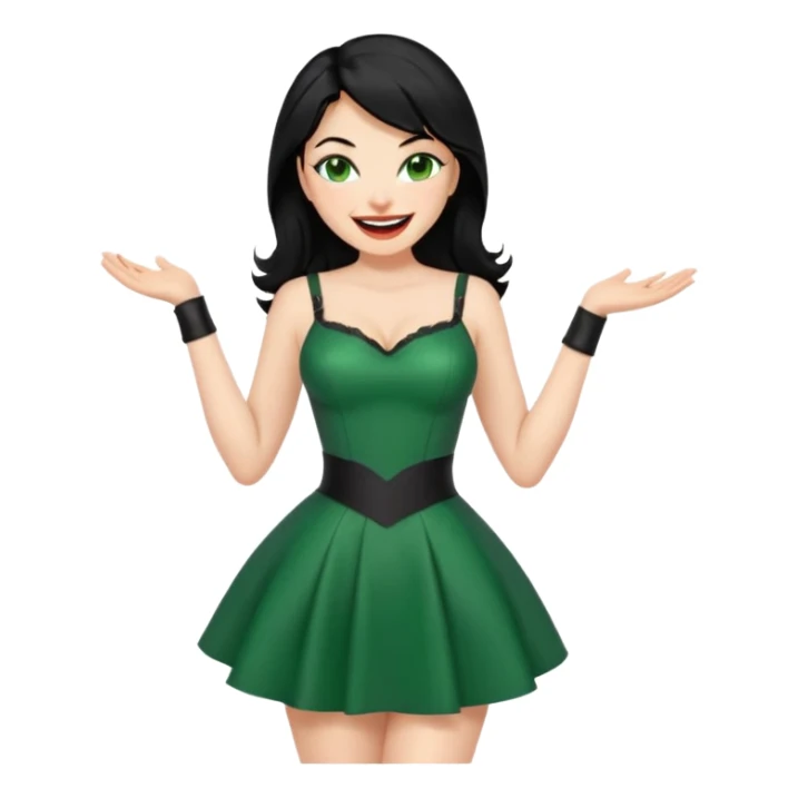 🕵🏻‍♀️💦🧥 black hair , green eyes ,dominatrix dress , laughing  sticker