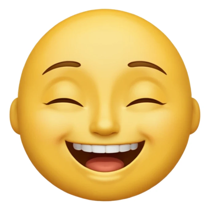 classic yellow emoji, closed eyes, upward-pointing eyebrows, upper teeth showing in a happy expression sticker