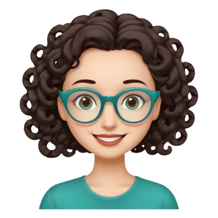 woman with extra large forehead, extra long dark brown spiral curled hair, teal glasses, smiling with head tilted sticker
