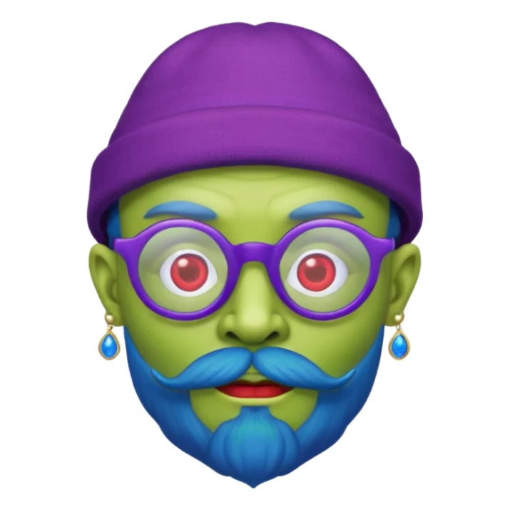 green alien with red glasses and blue hat and purple beard and earrings sticker
