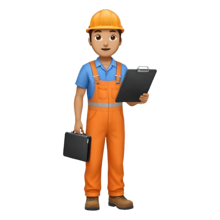 Indian male railway engineer orange overalls, boots holding a clipboard back view sticker