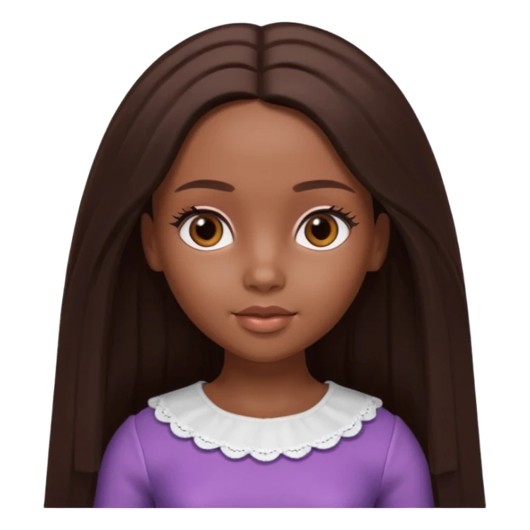 Boneca digital em estilo 3D realista e fofo, semelhante a uma boneca colecionável. Mulher jovem com pele negra, olhos castanhos escuros, cabelo liso cor chocolate, longo e bem alinhado.  sticker