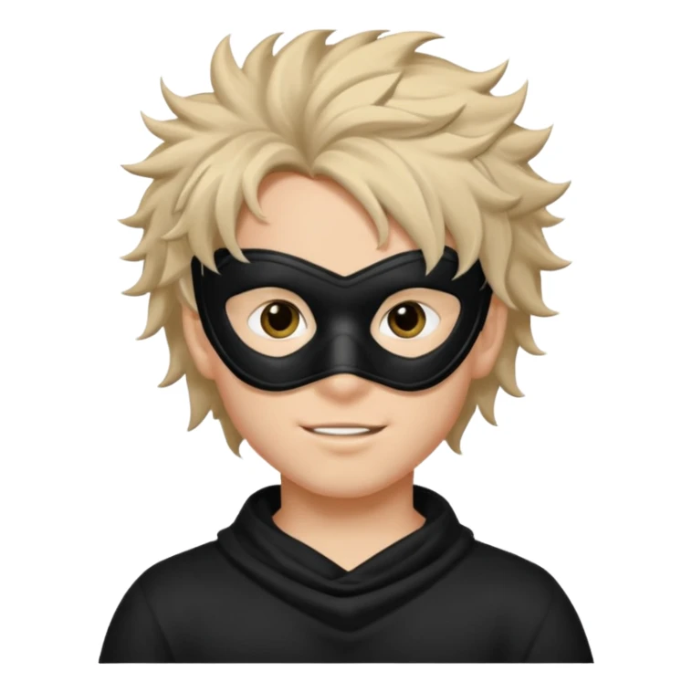 messy hair boy in a sleek black mask, playful eyes showing sticker