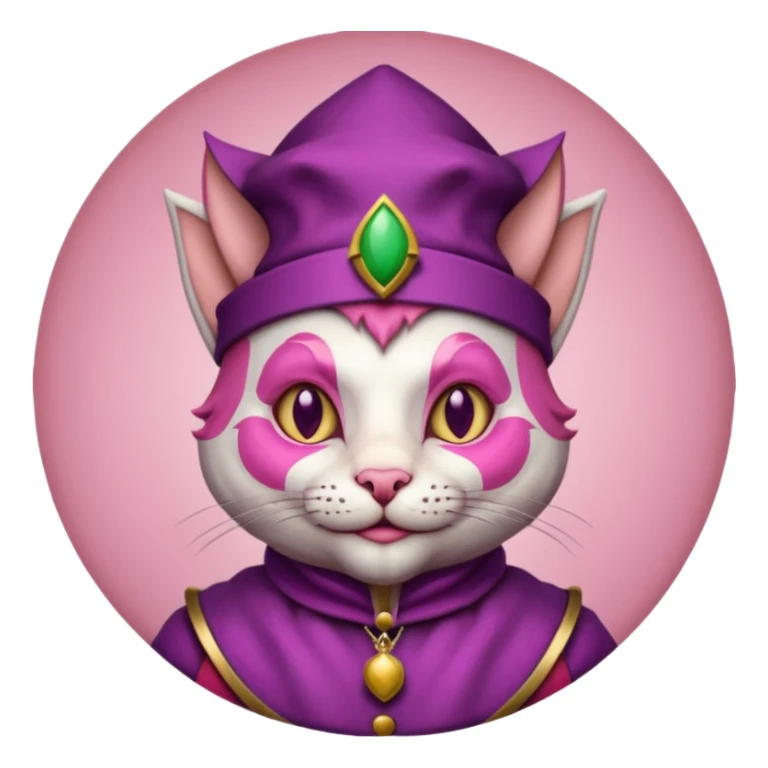 court jester cat medieval, single poker card joker clearly visible, pink, face only, round badge,  court jester cap sticker