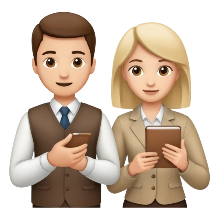 Two team members facing each other, one holding a notepad and the other gesturing, in a collaborative pose sticker