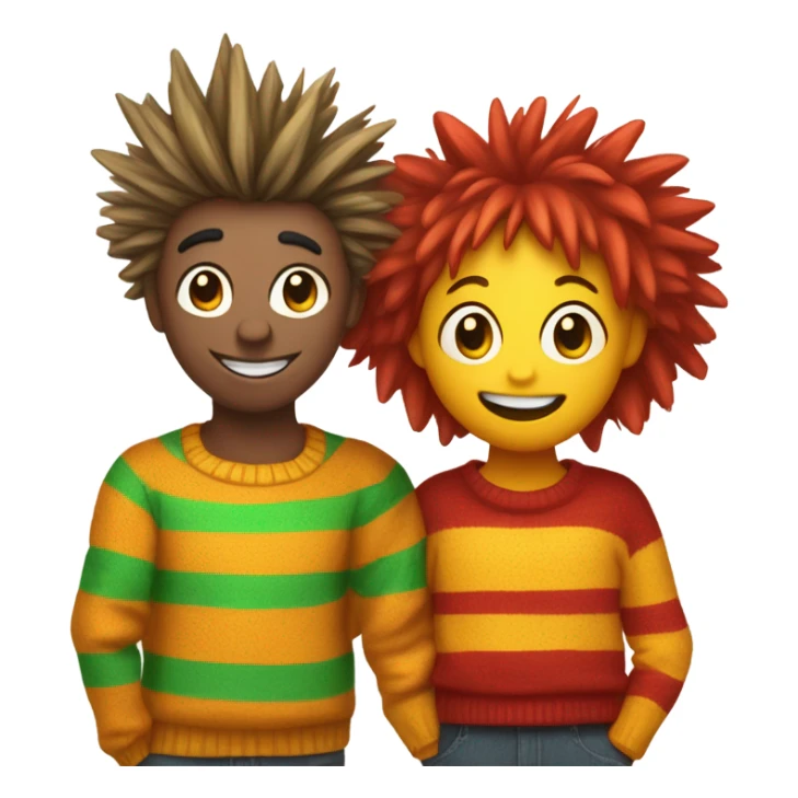 two cheerful characters inspired by Bert and Ernie. Bert is yellow with spiky hair, a unibrow, and a green-striped sweater. Ernie is orange with messy hair, a red nose, and a red-striped sweater. They’re smiling, with Ernie’s arm around Bert sticker