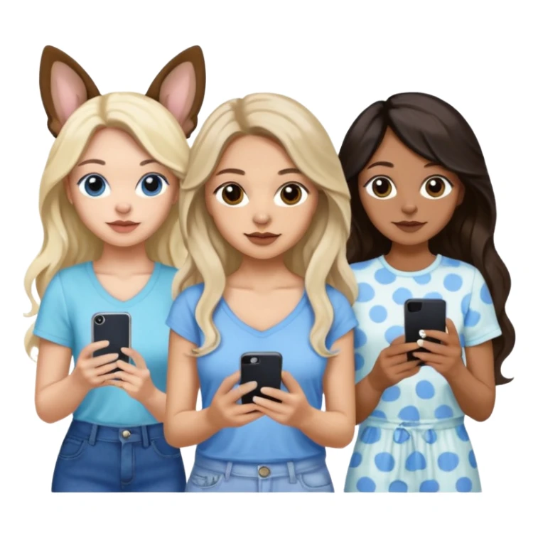 Three women in summer clothes holding iPhone, hazel eyed light skin with dark blonde long hair and Brown eyed,light skin black long wavy hair, blue eyed light skin long blonde hair with 2 dogs, blue spotted Merle Frenchie, black and tan chihuahua  sticker