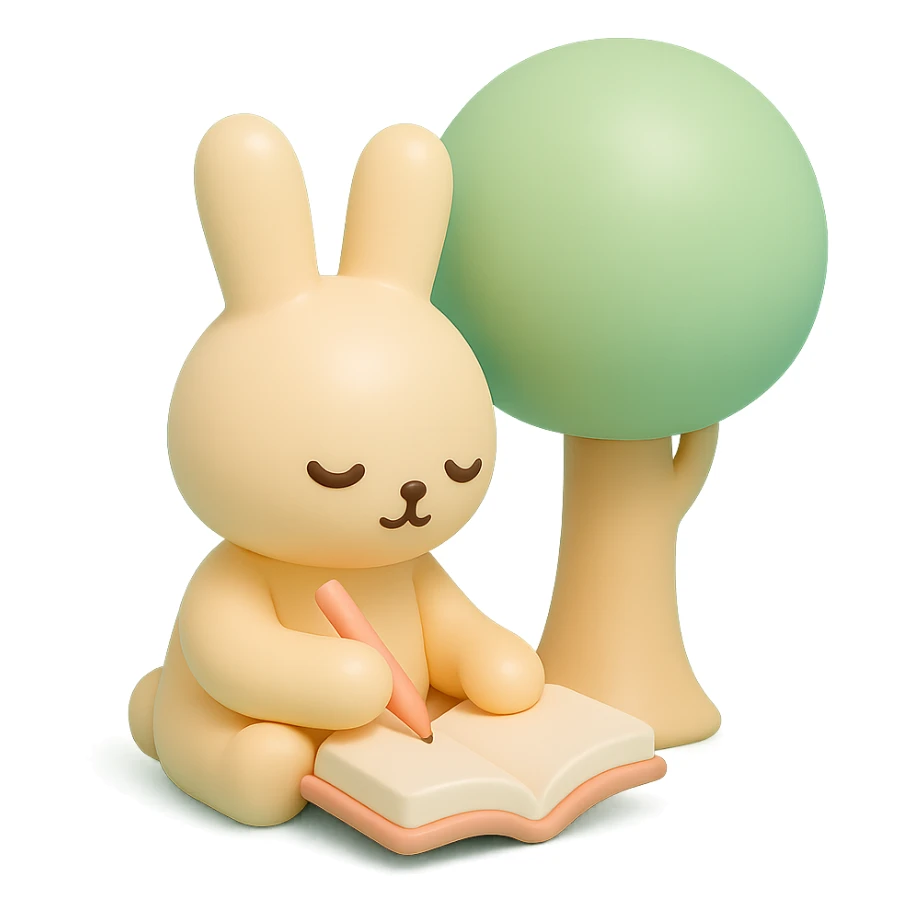 rabbit writing in a journal under a tree, pastel green and beige, vinyl figure style sticker