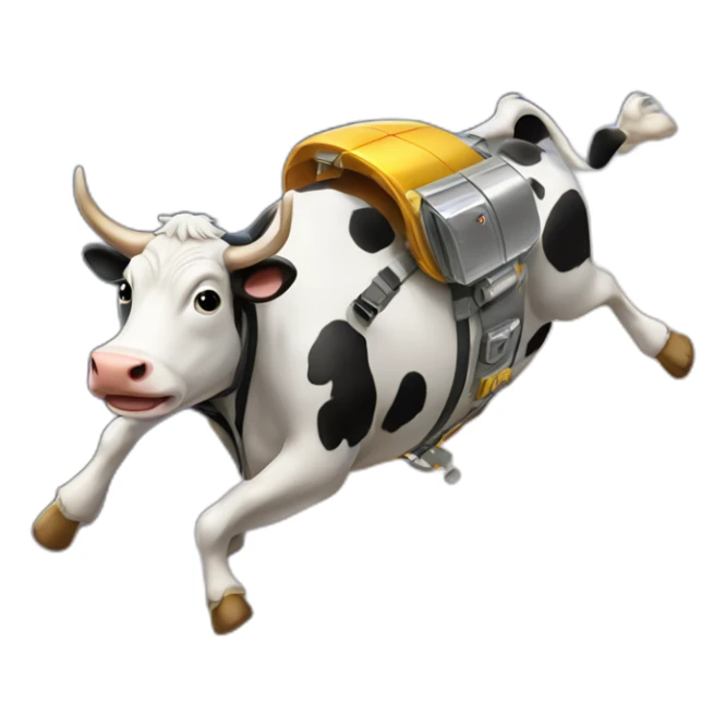 side-on view of cow flying to space while wearing a jetpack with legs being pushed back by the wind sticker