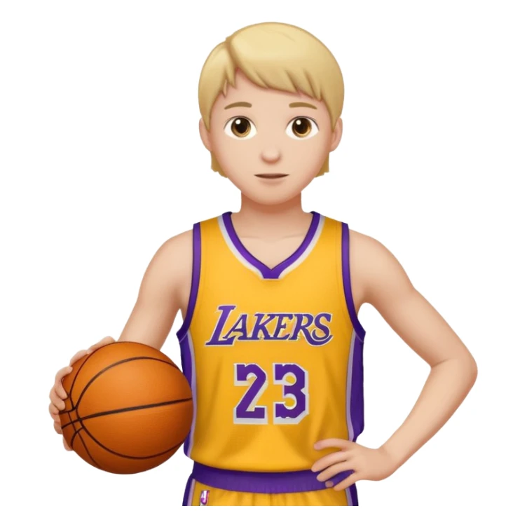 Joven con color de piel claro con uniforme de basquetball laker sosteniendo una pelota de basquet sticker