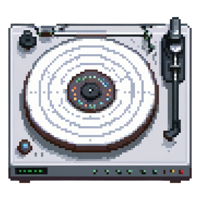 Technics turntable in pixel art style, showing platter, tonearm, and strobe dots, silver and black sticker