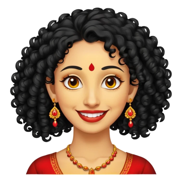 "- Phụ nữ
- 35 tuổi
- Da vàng
- Tóc đen xoăn nhẹ
- Có chấm đỏ Bindi, đeo khuyên tai
- Mặt cười
" sticker