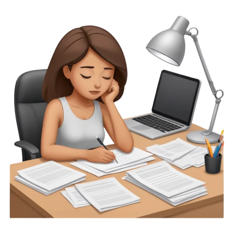 Woman dozing off at bare workspace, just papers on desk sticker
