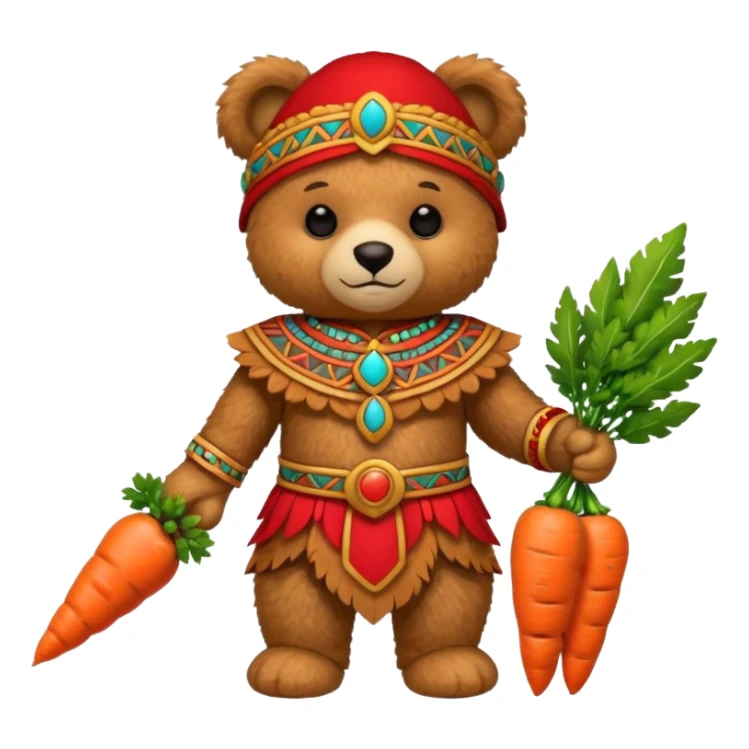 teddy bear, wearing red mayan ancient custome, with carrot half body sticker