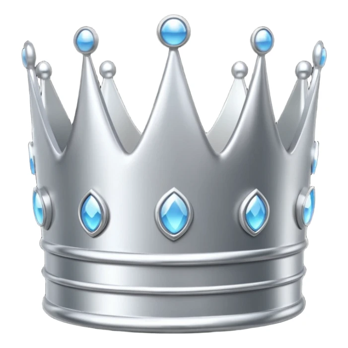 A luxury silver crown emoji, chrome metallic finish, smooth rounded edges, subtle sparkle, polished reflective surface, cute proportions, iOS emoji style, centered on a clean white background, soft studio lighting, no outlines sticker