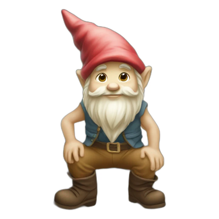 side view of gnome with light tan pants and boots squatting above tiny brown log sticker