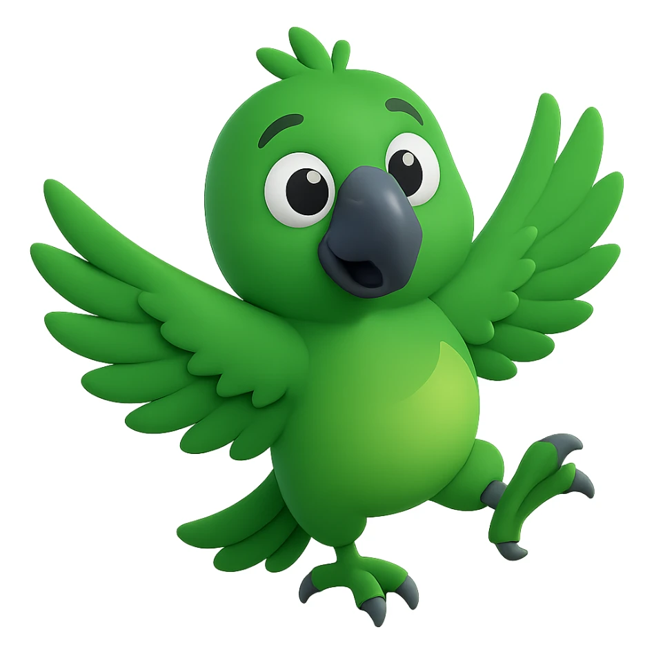 Make the parrot green in microsoft style 3d fluent emoji style, no background. sticker