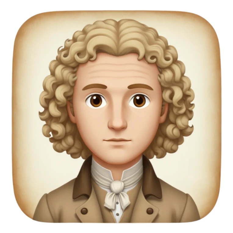 Rousseau, accurate to 18th-century paintings, light hair in curls, high forehead, brown eyes, wearing a tan coat and white shirt sticker