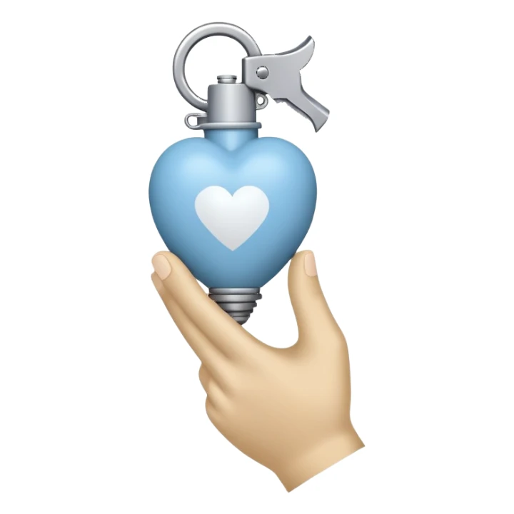 A white drawn hand holding a light blue heart shaped hand grenade sticker