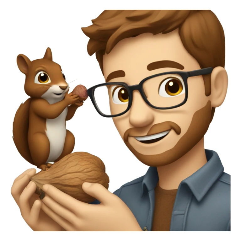 A man with brown hair, glasses and fair skin, feeds a squirrel with walnut sticker