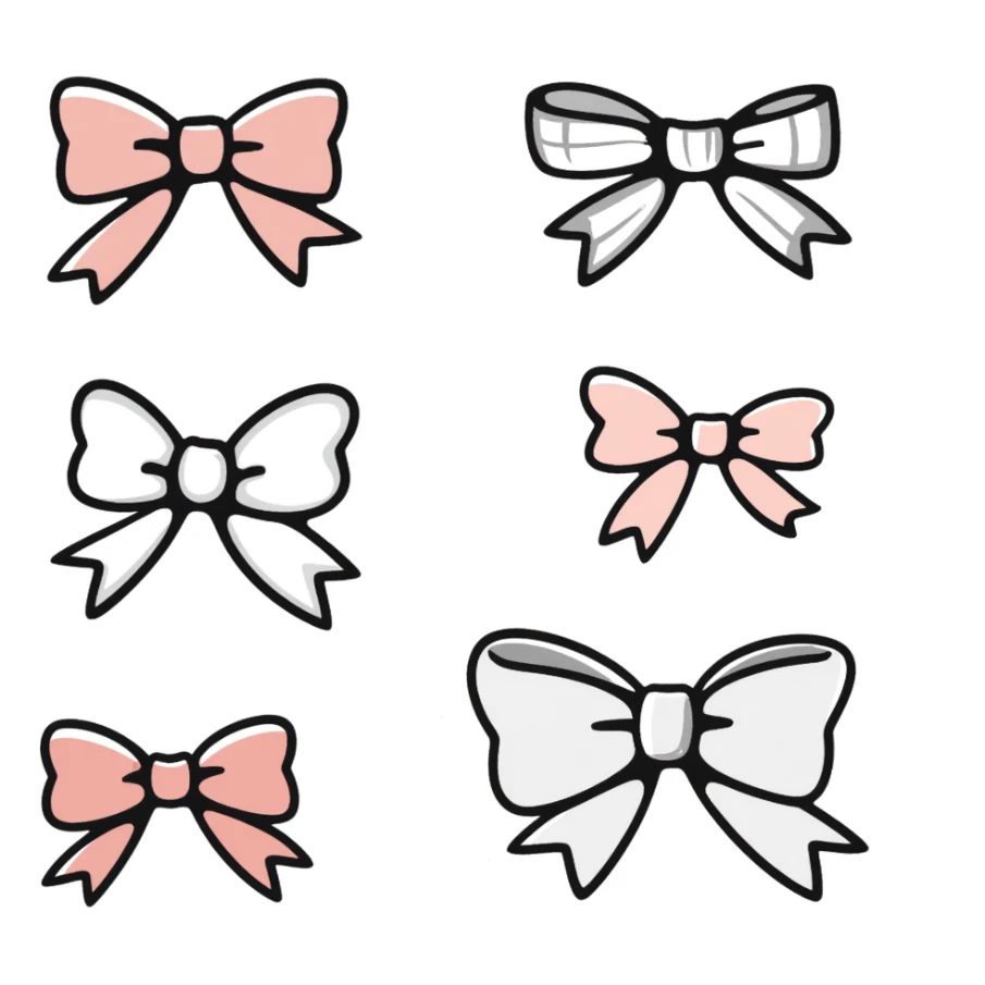 cute bows in various shapes and sizes in pastel colors dd9fb0, ffc6d3, a3bfc9, c4bee2, f1b091, hand-drawn doodle style sticker