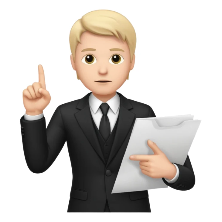 A white man in a black suit stands with a serious face and points at his hand holding papers. sticker