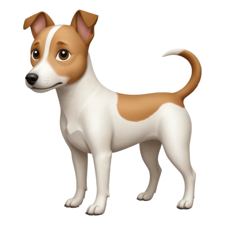 a full body white jack russel looking dog the size of a kelpie with light brown ears and a light brown patch on one eye and a large snout sticker