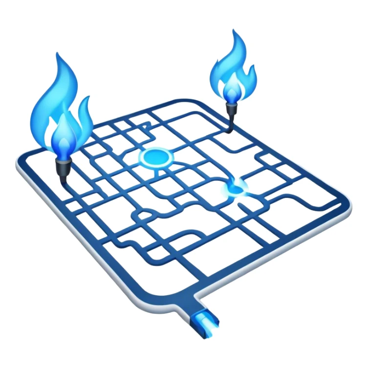 a map with a glowing blue flame on the x and networking paths sticker