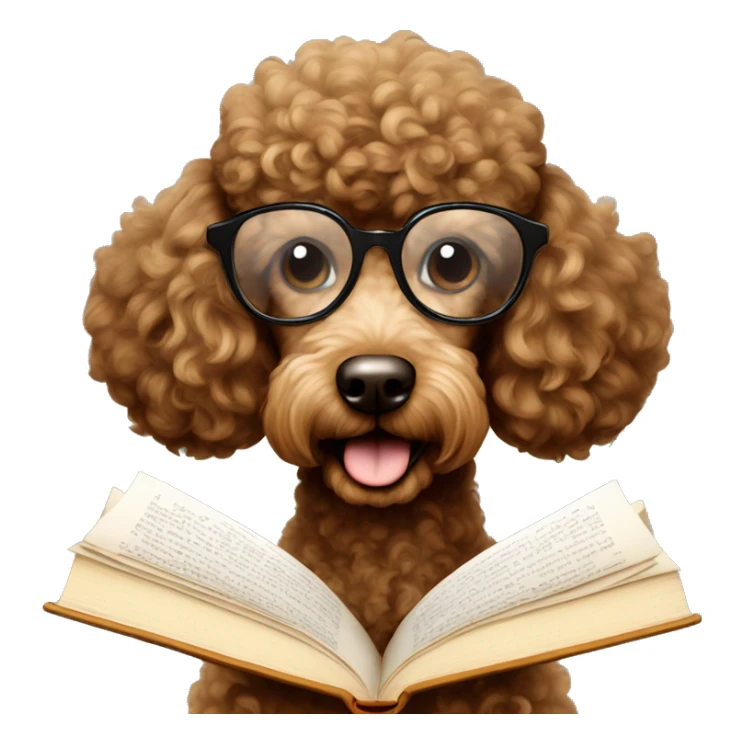 Brown poodle with wire rim glasses reading a book sticker