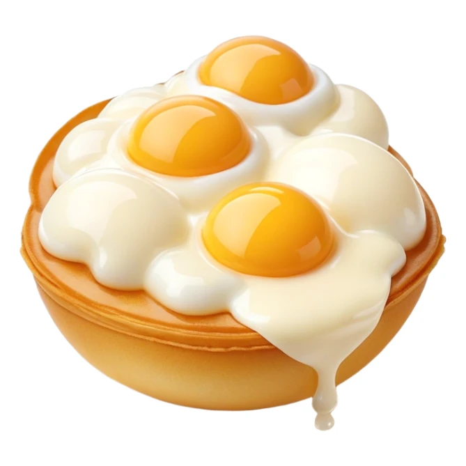 3D rendered Hong Kong egg puffs (鸡蛋仔) with condensed milk drizzle, authentic egg-shaped bubble pattern, golden bubbles with white drizzle, hyper-realistic texture, glossy finish sticker