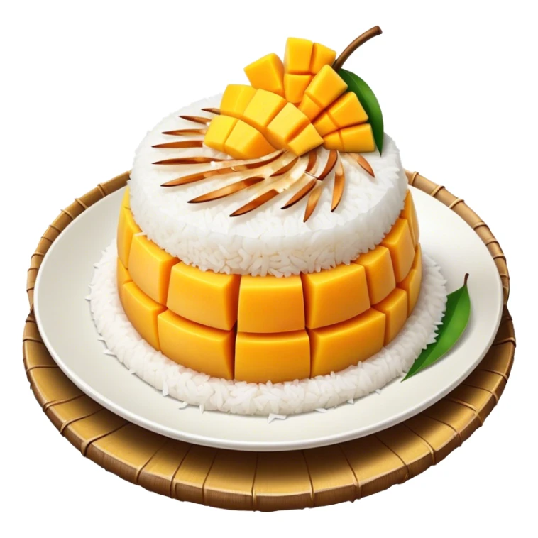 Mango Sticky Rice Cinematic Realistic Mango Sticky Rice Dessert Emoji, depicted as sticky rice drizzled with coconut milk topped with a layer of coconut cream, accompanied by sliced mango on the side of the plate, rendered with vivid textures and warm, tropical lighting. sticker