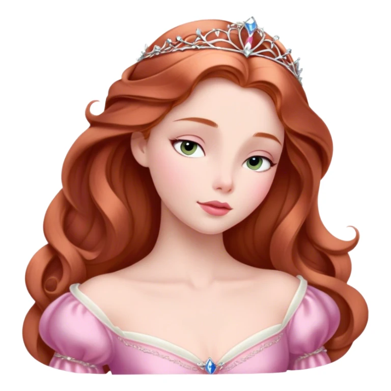 Cinematic Elegant Sleeping Beauty Portrait Emoji, rendered in a realistic, vector-style with minimal shading and bold, simplified shapes. Depict Aurora (Sleeping Beauty) (chest and above) with delicate porcelain skin, soft auburn hair styled gracefully, and gentle, dreamy eyes, dressed in her classic pink gown. The image glows with a soft, enchanting radiance and high shine, capturing timeless regal beauty. sticker