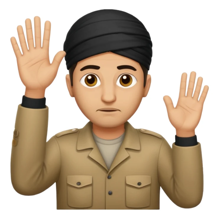 surrenders, portray an authentic 1980 Iraqi with a sad face and raised hands sticker