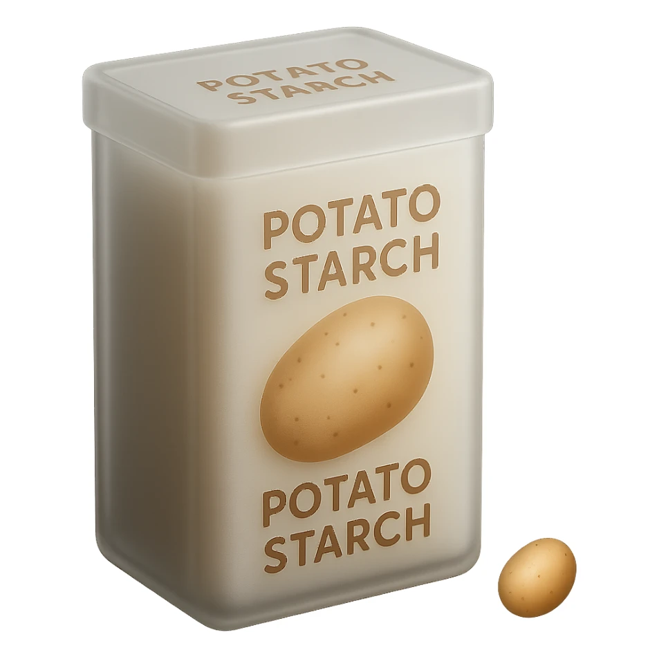 Make the potato starch box match the form and proportions of the reference image: a tall, rectangular box with a flat top and rounded edges, similar to the cornstarch box shown. Keep the box beige or pale yellow, with a potato illustration and the label 'POTATO STARCH' in warm-colored letters. Minimal, clean, 3D, soft lighting, transparent background, emoji scale. sticker