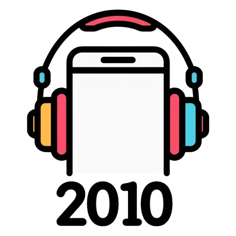 Music icon with headphones, smartphone, and "2010" text sticker