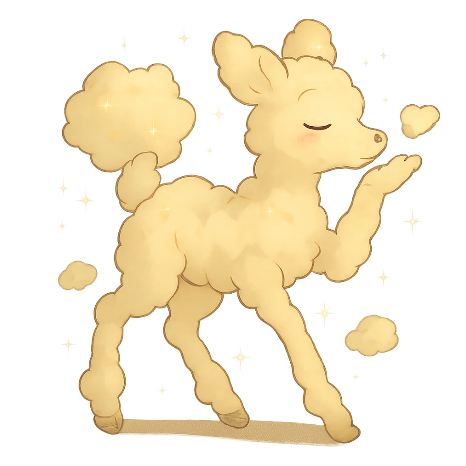 dreamy cream yellow cloud doe in Ghibli style with sparkles, blowing a kiss sticker