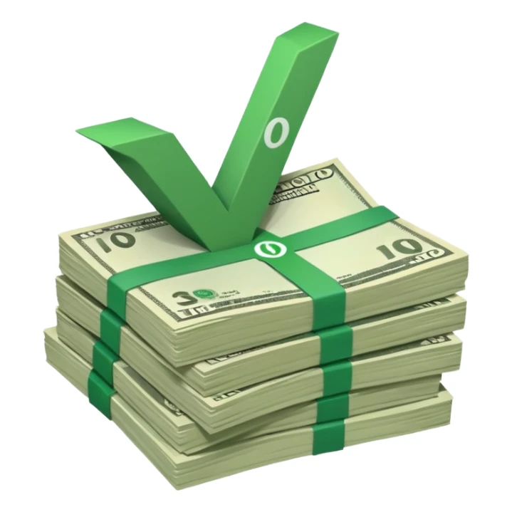 stack of bills facing up with a big green tick in the background sticker