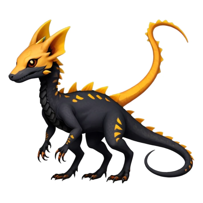 Rare realistic exotic edgy dark gothic gloomy spooky black and orange/yellow epic pretty beautiful handsome gorgeous aesthetic colorful vibrant Vernid-Trico-species-Fakemon-Salandit-hybrid-creature by LiLaiRa, 4 legs, 1 tail, random markings, (full body) sticker
