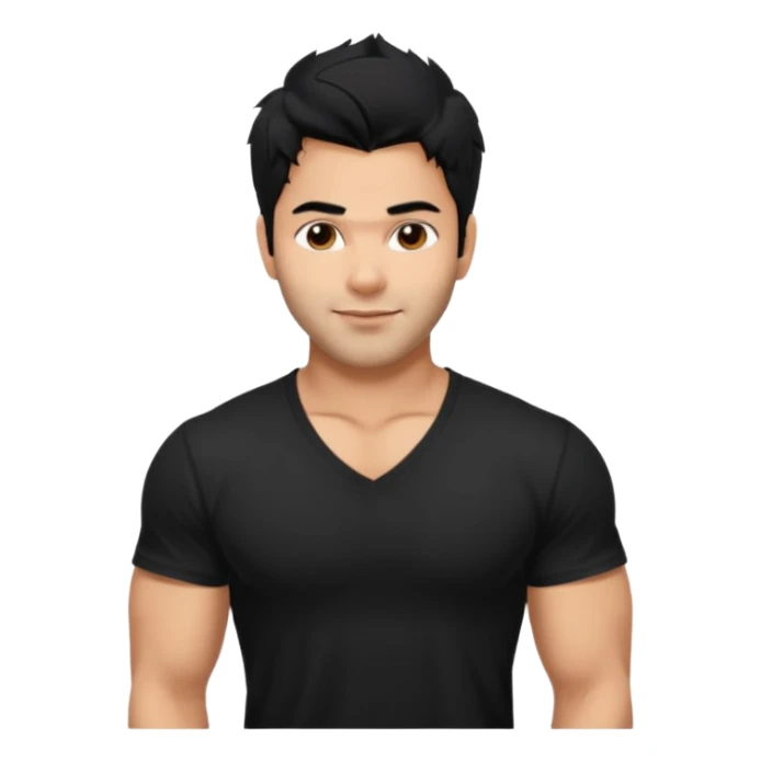 generate a pretty bratz Varun Dhawan with 
Make him wear a black v neck tshirt. muscular but still lean, smirking
He shoudl look exactly like VArun DHawan.  messy black hair sticker