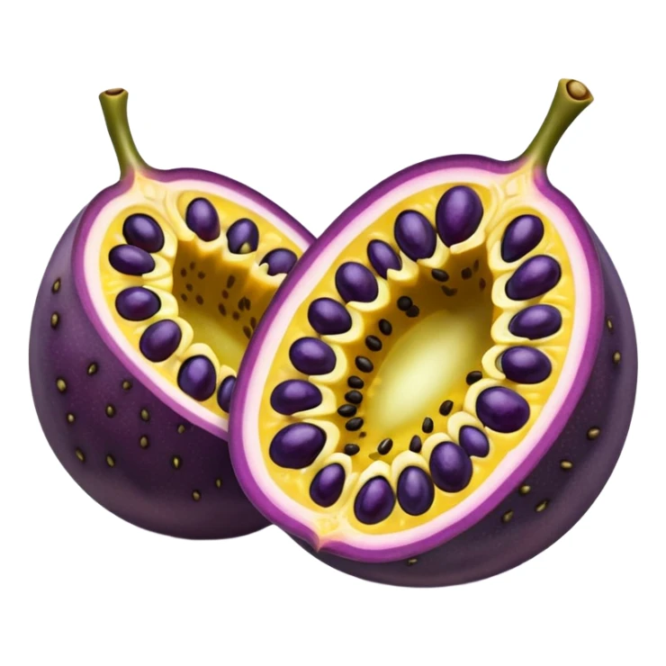 whole round purple passion fruit with slightly wrinkled matte skin next to a halved piece exposing vibrant yellow pulp filled with glossy black seeds juicy jelly-like texture bold contrast between rind and interior no leaf spoon or extras soft lighting subtle shadows emoji scale sticker