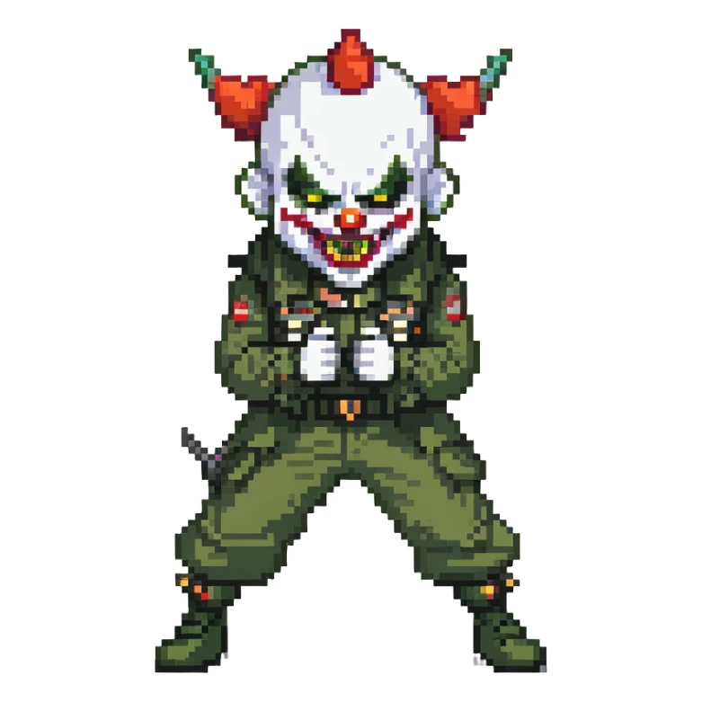 evil clown soldier, bald, short devil horns on forehead, fangs, pointed ears, black and military green clothes, fighting stance sticker