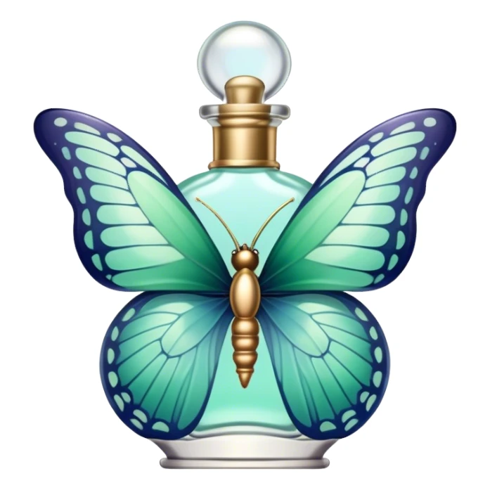A delicate butterfly with pastel green and blue wings resting on a vintage glass perfume bottle with golden details. sticker