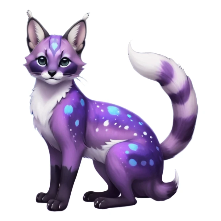 Colorful black-violet-indigo-purple-gradients nebulae nebula starry galactical shiny white-stars-spotted glorious iridescent divine exotic cute cool beautiful realistic antasy-caracal-civet-genet-sergal-vernid-Cacomistle-Trico-oncilla-animal-Fakémon-hybrid-fursona (full body) sticker