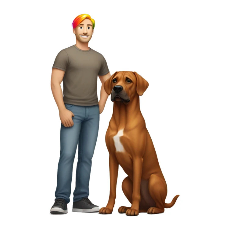 white male with rainbow colored hair standing alongside a brown rhodesian ridgeback dog sticker