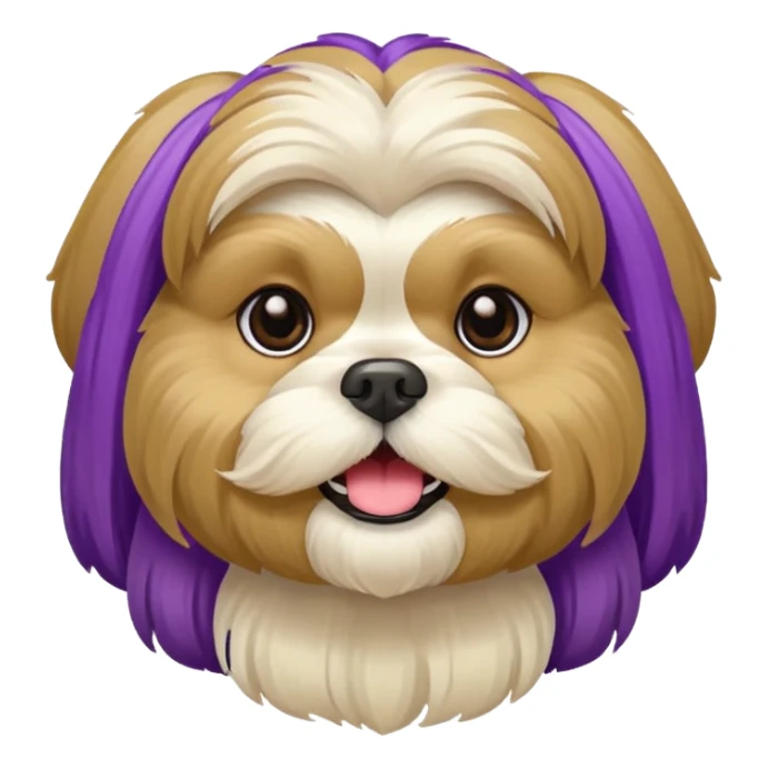 generame la imagen de un perrito raza chitzu de color cremita, totalmente cremita sin esos colores marron oscuro en su cara, hazla un poco sonriente y con su pechera morada sticker
