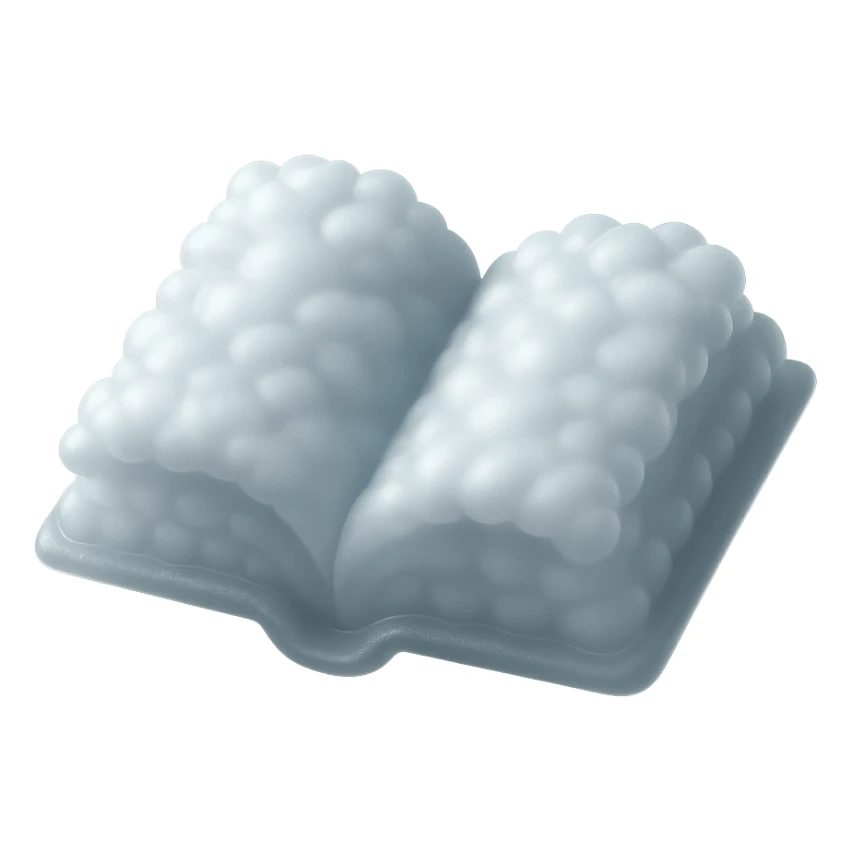 thick open book made entirely of small, very bright white, fluffy, convex clouds, matte glass style, no background sticker