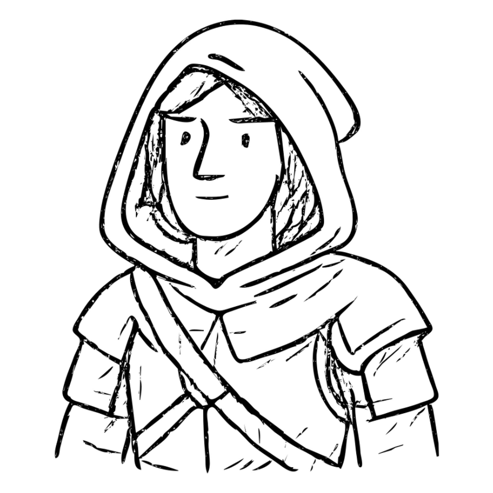 medieval hooded explorer with brown hair, no beard, wearing light armor, chest up view sticker