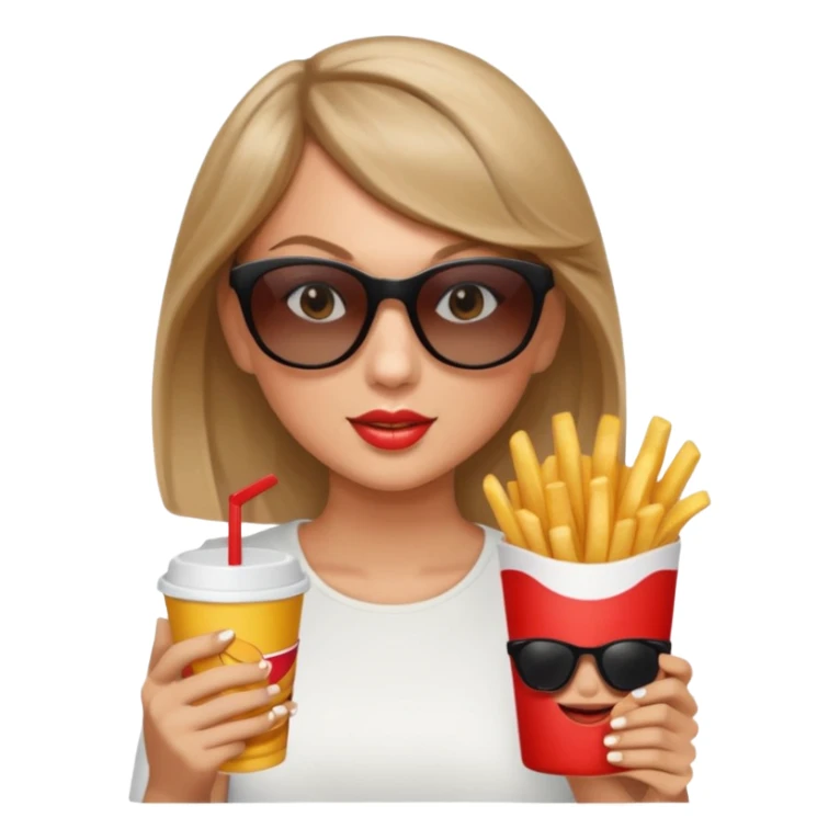 Taylor Swift, wearing sun glasses,  holding a cup of fries





































 sticker