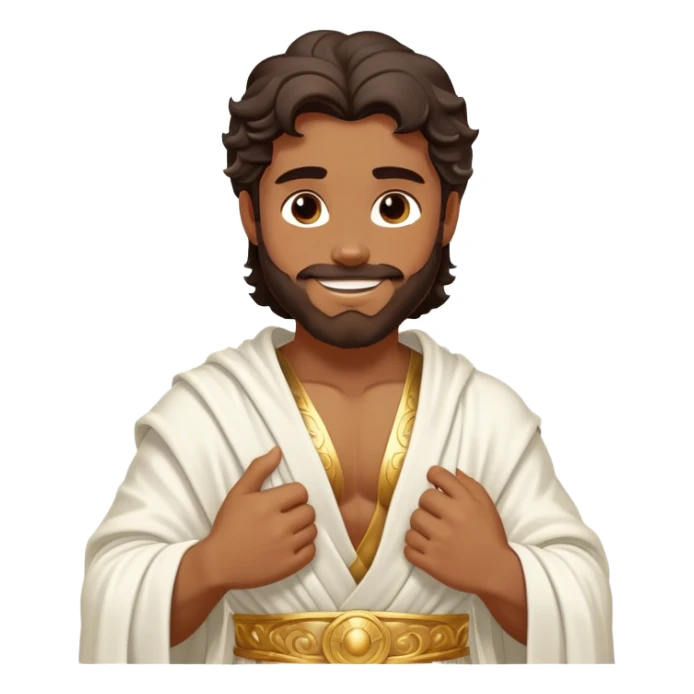 Cinematic Realistic Hercules Portrait, head tilted playfully and inquisitively, capturing the spirit of a timeless Greek hero with a warm, inviting smile. His bronze, marble-like skin and thick, wavy dark hair are rendered with classical precision, while his flowing white robe with delicate golden embellishments accentuates his muscular form. Soft natural light brings out the playful yet powerful essence of this legendary figure. sticker