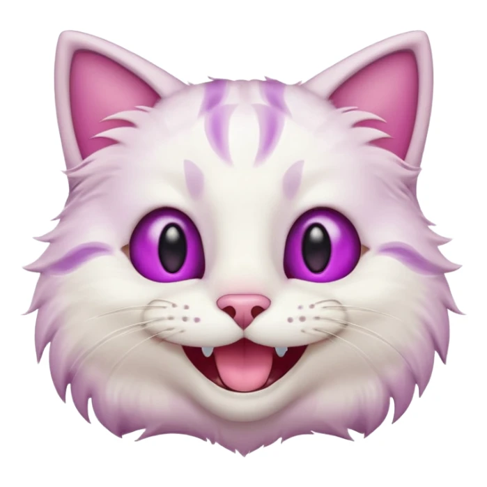 White cat wide mouth happy smiling with teeth showing, very light pink inner ears, magenta purple eyes, looks like discord's :smiley_cat: emoji, male looking sticker